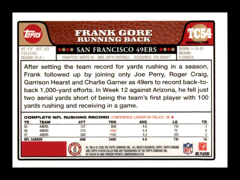 Load image into Gallery viewer, 2008 Topps Chrome Refractor Frank Gore #TC54 San Francisco 49ers Image 2
