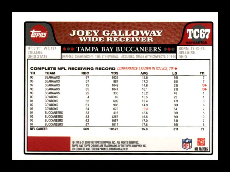 Load image into Gallery viewer, 2008 Topps Chrome Refractor Joey Galloway #TC67 Tampa Bay Buccaneers Image 2
