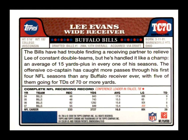 Load image into Gallery viewer, 2008 Topps Chrome Refractor Lee Evans #TC70 Buffalo Bills Image 2
