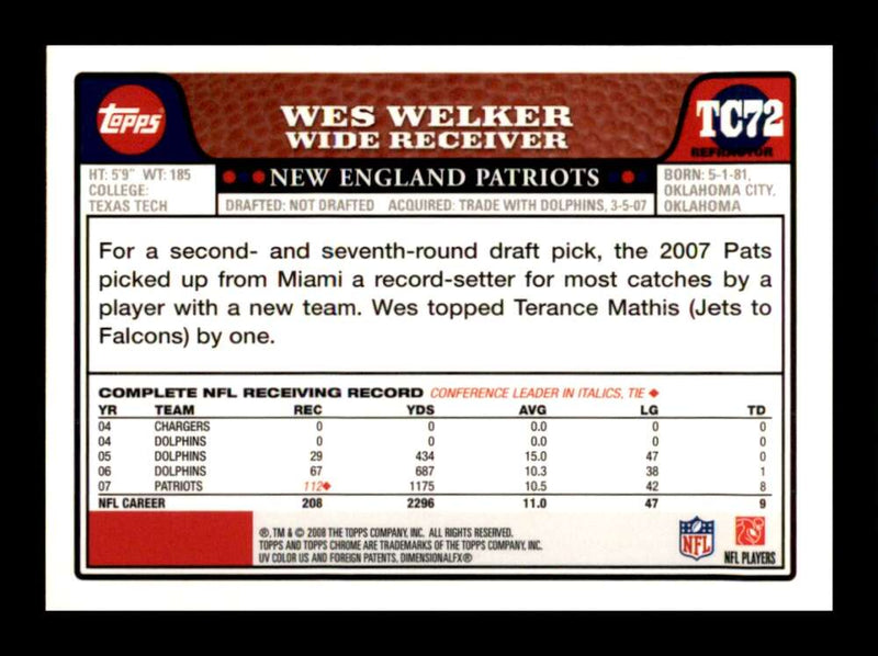 Load image into Gallery viewer, 2008 Topps Chrome Refractor Wes Welker #TC72 New England Patriots Image 2
