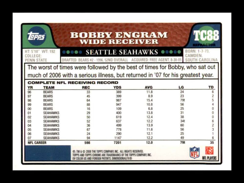 Load image into Gallery viewer, 2008 Topps Chrome Refractor Bobby Engram #TC88 Seattle Seahawks Image 2
