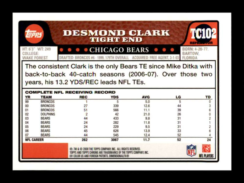 Load image into Gallery viewer, 2008 Topps Chrome Refractor Desmond Clark #TC102 Chicago Bears Image 2
