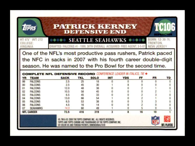 Load image into Gallery viewer, 2008 Topps Chrome Refractor Patrick Kerney #TC106 Seattle Seahawks Image 2
