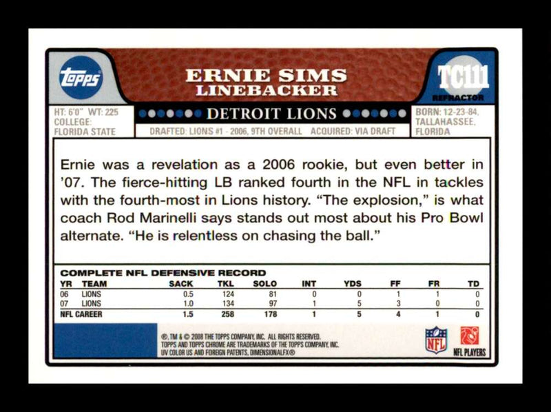 Load image into Gallery viewer, 2008 Topps Chrome Refractor Ernie Sims #TC111 Detroit Lions Image 2
