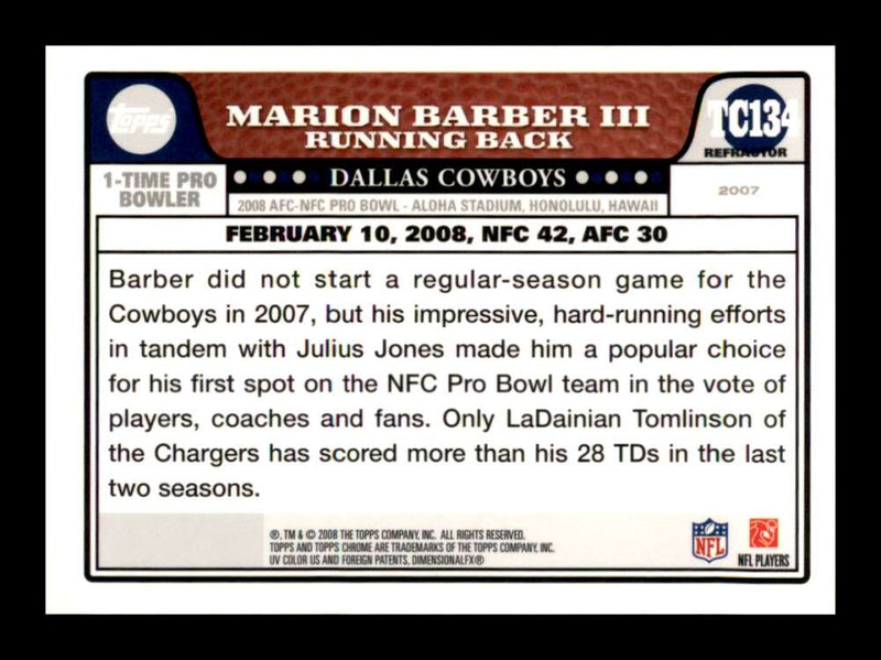 Load image into Gallery viewer, 2008 Topps Chrome Refractor Marion Barber #TC134 Dallas Cowboys Image 2
