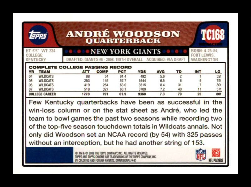 Load image into Gallery viewer, 2008 Topps Chrome Refractor Andre Woodson #TC168 New York Giants Rookie RC Image 2
