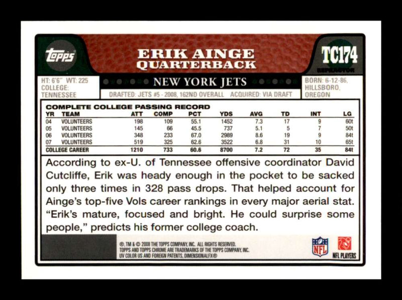 Load image into Gallery viewer, 2008 Topps Chrome Refractor Erik Ainge #TC174 New York Jets Rookie RC Image 2
