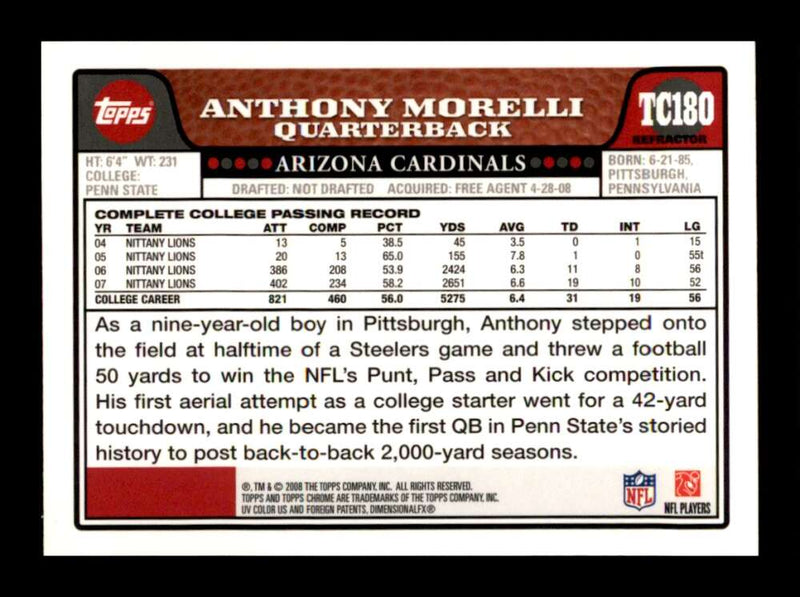 Load image into Gallery viewer, 2008 Topps Chrome Refractor Anthony Morelli #TC180 Arizona Cardinals Rookie RC Image 2
