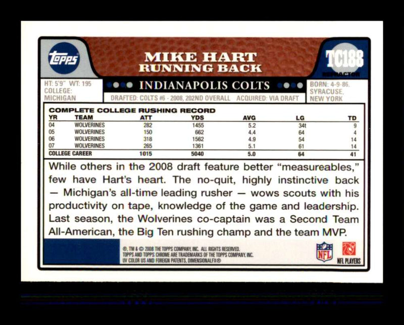 Load image into Gallery viewer, 2008 Topps Chrome Refractor Mike Hart #TC188 Indianapolis Colts Rookie RC Image 2
