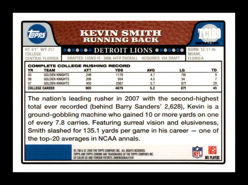 Load image into Gallery viewer, 2008 Topps Chrome Refractor Kevin Smith #TC189 Detroit Lions Rookie RC Image 2
