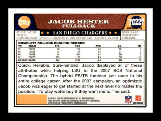 2008 Topps Chrome Refractor Jacob Hester 