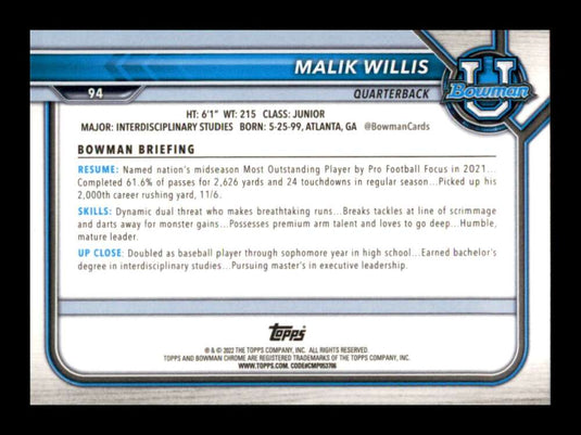 2022 Bowman University Chrome Pink Refractor Malik Willis