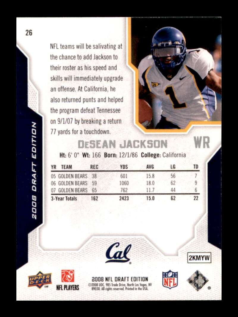 Load image into Gallery viewer, 2008 Upper Deck Draft Edition DeSean Jackson #26 California Golden Bears Rookie RC  Image 2
