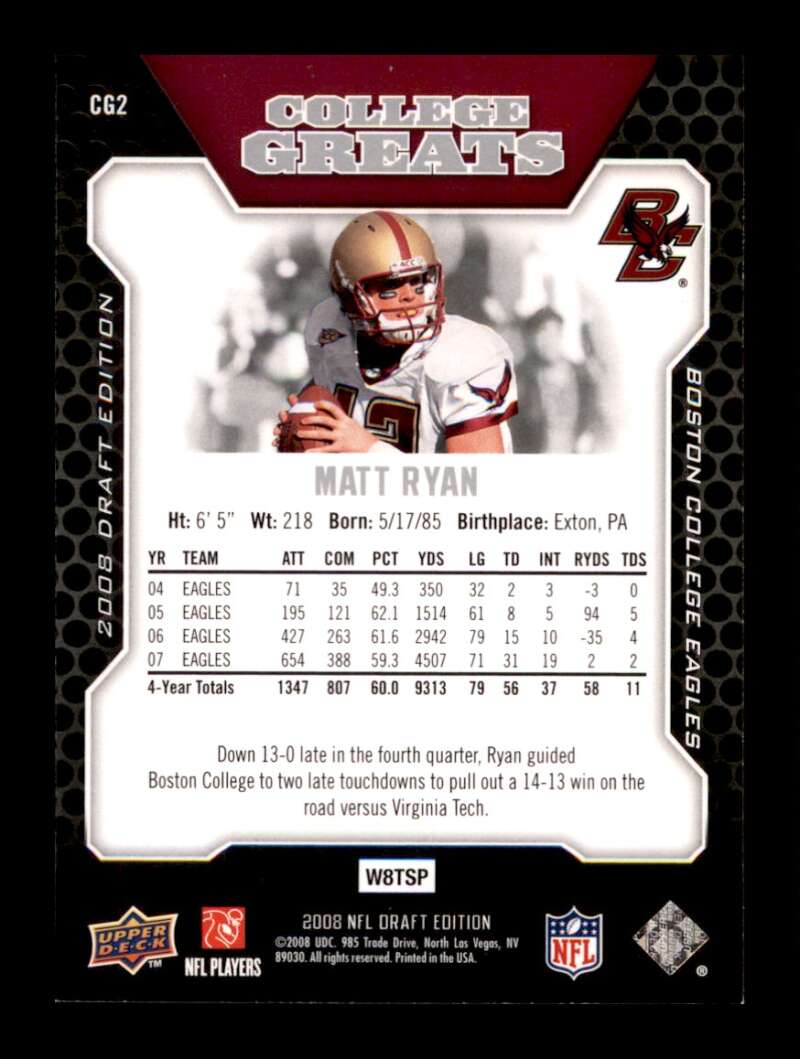 Load image into Gallery viewer, 2008 Upper Deck Draft Edition College Greats Matt Ryan #CG2 Boston College Eagles Rookie RC Image 2
