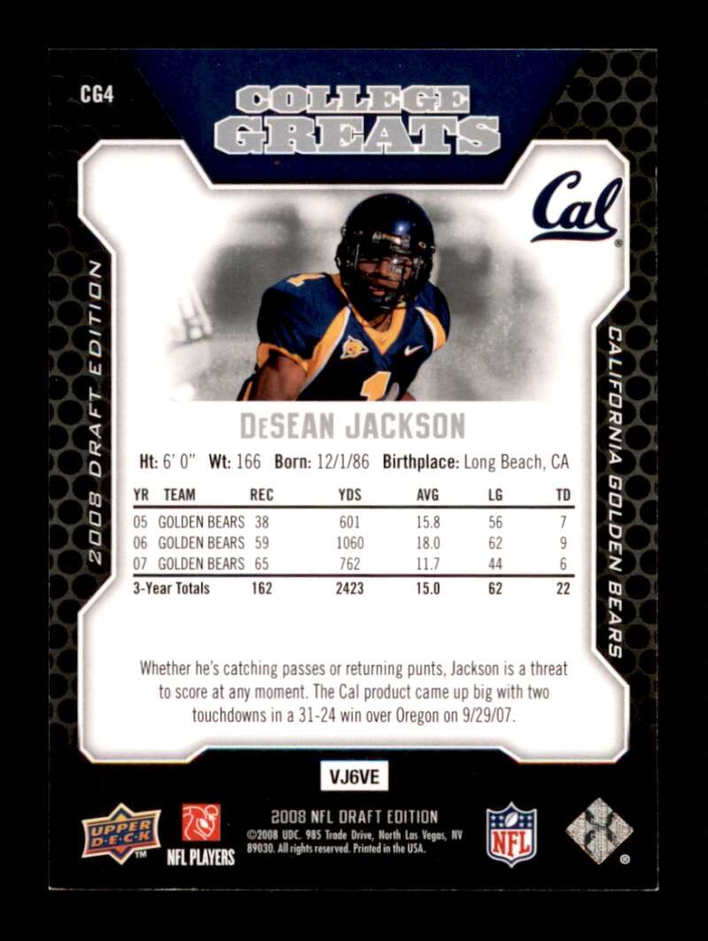 Load image into Gallery viewer, 2008 Upper Deck Draft Edition College Greats DeSean Jackson #CG4 California Golden Bears Rookie RC Image 2
