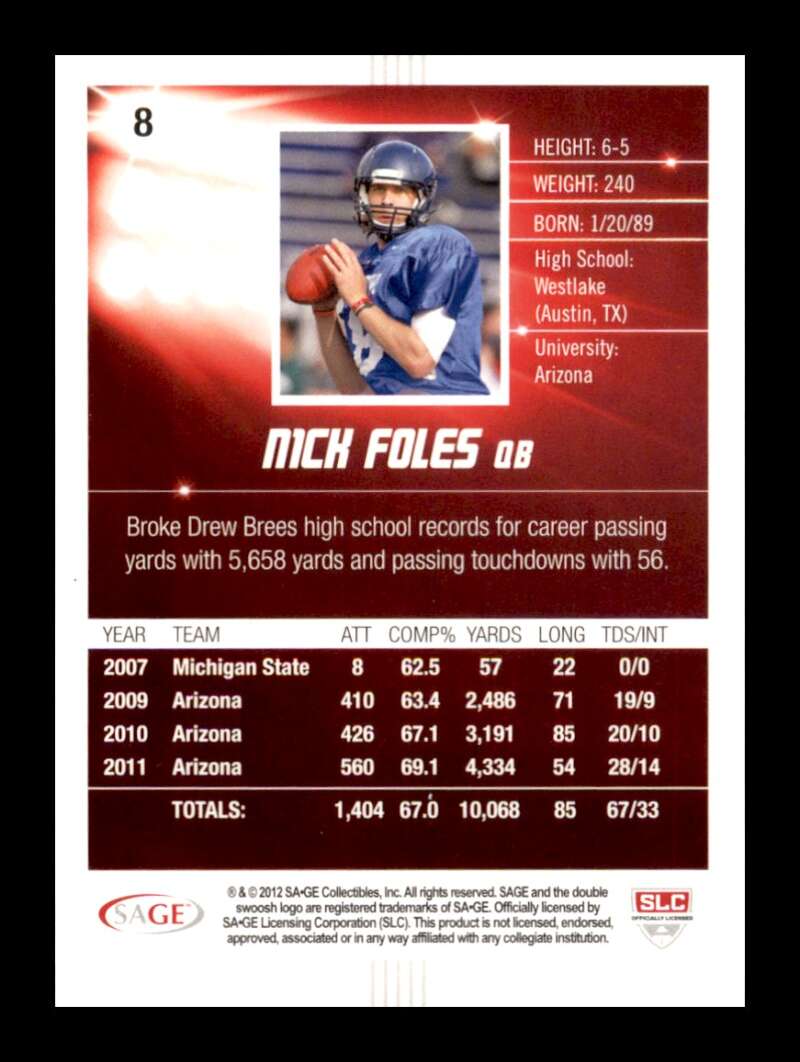 Load image into Gallery viewer, 2012 SAGE Hit Red Nick Foles #8 Arizona Wildcats Rookie RC Image 2
