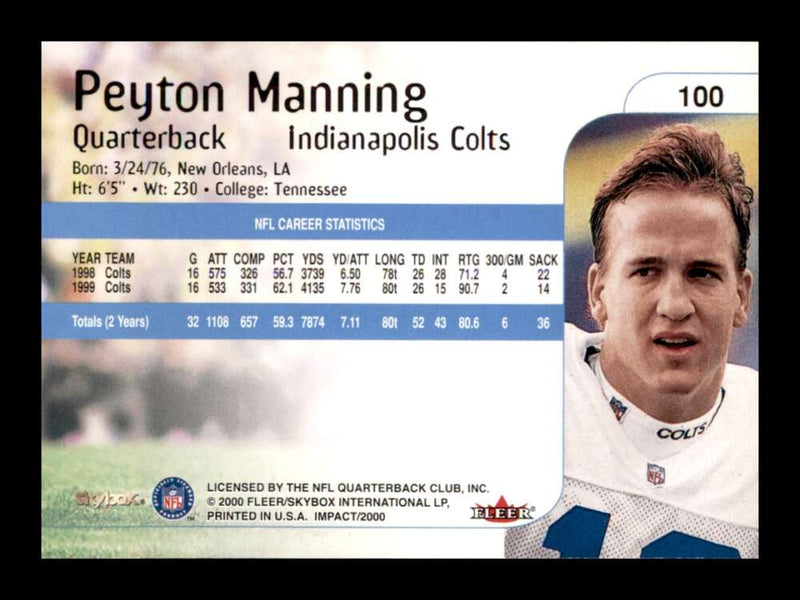 Load image into Gallery viewer, 2000 Fleer Impact Peyton Manning #100 Indianapolis Colts  Image 2
