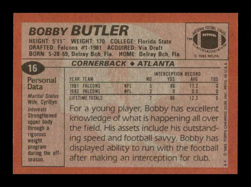 Load image into Gallery viewer, 1983 Topps Bobby Butler #16 Atlanta Falcons Image 2
