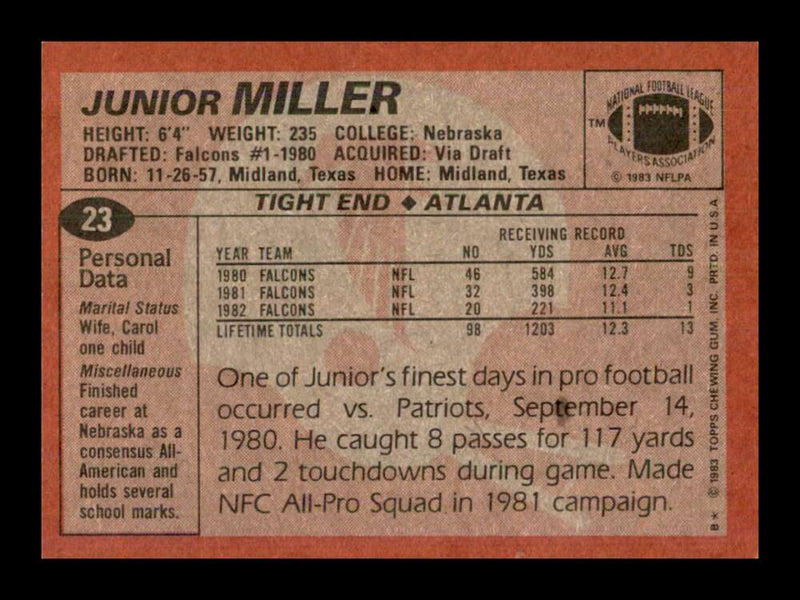 Load image into Gallery viewer, 1983 Topps Junior Miller #23 Atlanta Falcons Image 2
