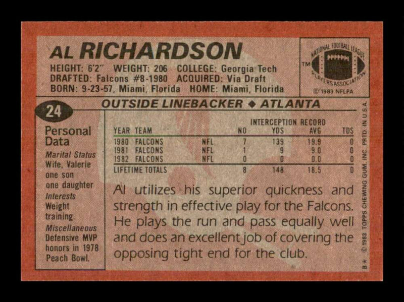 Load image into Gallery viewer, 1983 Topps Al Richardson #24 Atlanta Falcons Image 2
