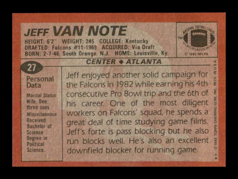 Load image into Gallery viewer, 1983 Topps Jeff Van Note #27 Atlanta Falcons Image 2
