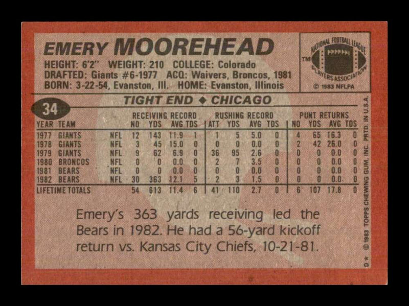 Load image into Gallery viewer, 1983 Topps Emery Moorehead #34 Chicago Bears Image 2
