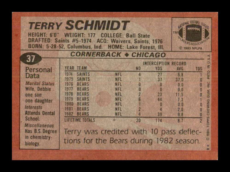 Load image into Gallery viewer, 1983 Topps Terry Schmidt #37 Chicago Bears Image 2
