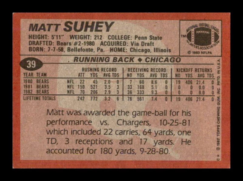 Load image into Gallery viewer, 1983 Topps Matt Suhey #39 Chicago Bears Image 2
