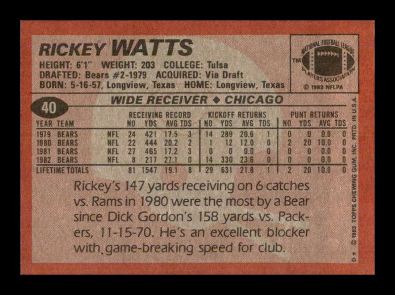 Load image into Gallery viewer, 1983 Topps Rickey Watts #40 Chicago Bears Image 2
