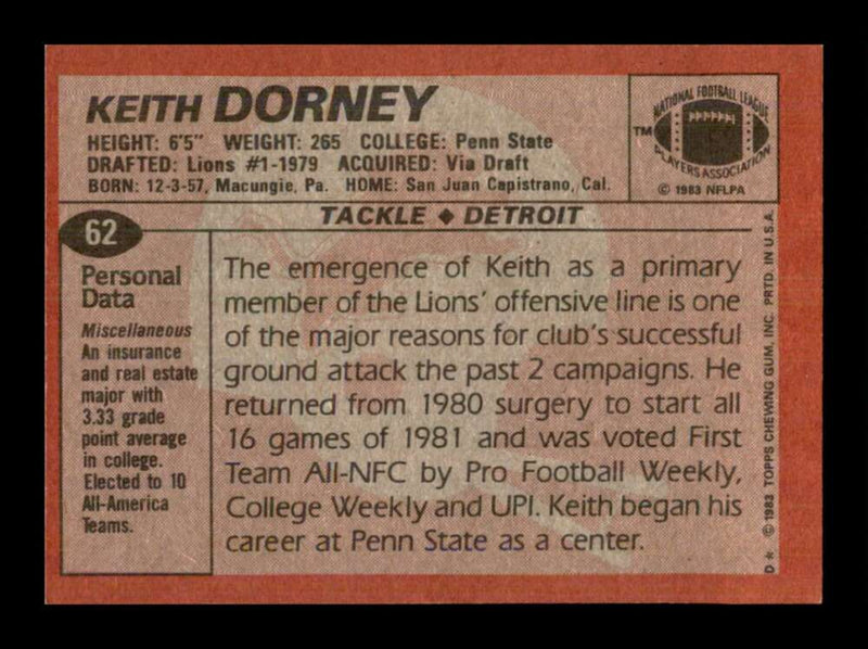 Load image into Gallery viewer, 1983 Topps Keith Dorney #62 Detroit Lions Image 2
