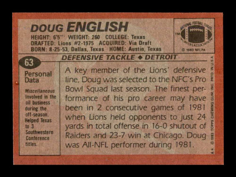 Load image into Gallery viewer, 1983 Topps Doug English #63 Detroit Lions Image 2
