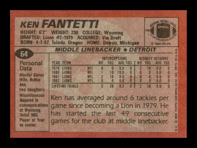 Load image into Gallery viewer, 1983 Topps Ken Fantetti #64 Detroit Lions Image 2
