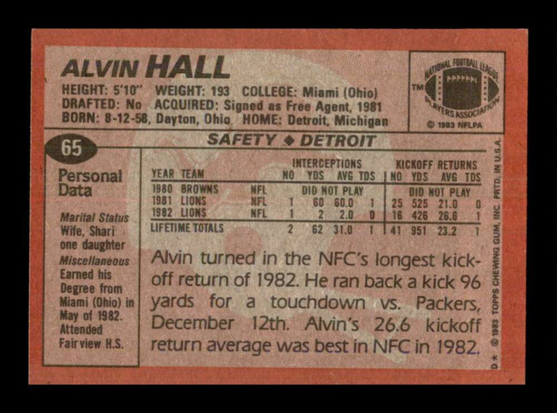 Load image into Gallery viewer, 1983 Topps Alvin Hall #65 Detroit Lions Image 2
