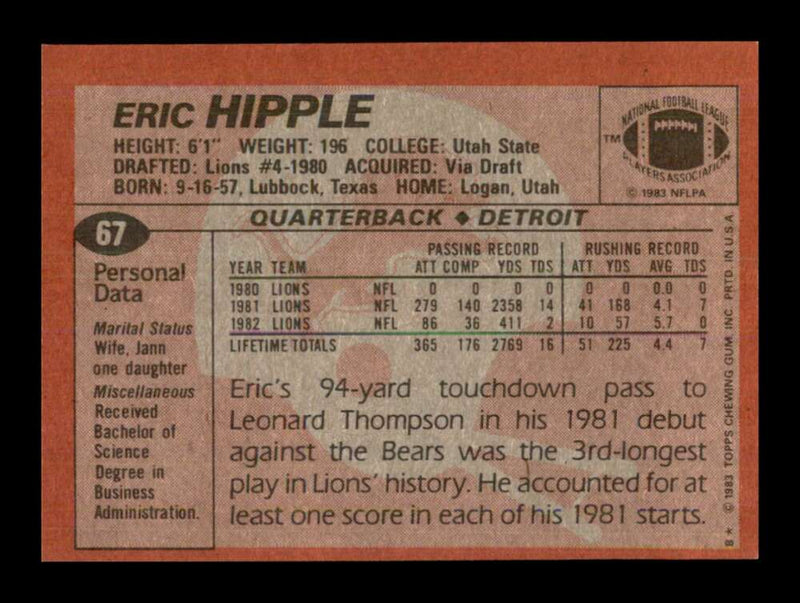 Load image into Gallery viewer, 1983 Topps Eric Hipple #67 Detroit Lions Image 2
