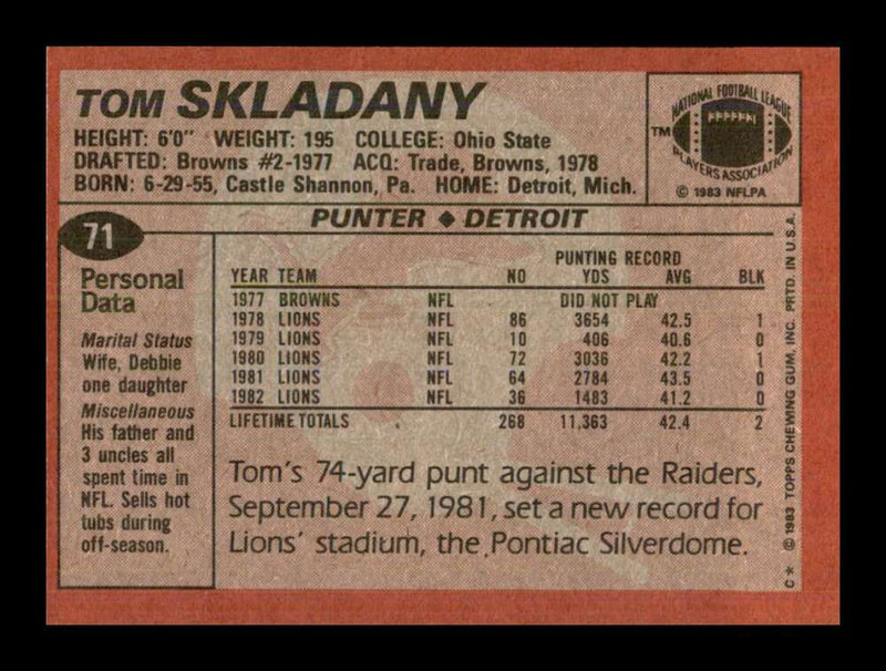 Load image into Gallery viewer, 1983 Topps Tom Skladany #71 Detroit Lions Image 2
