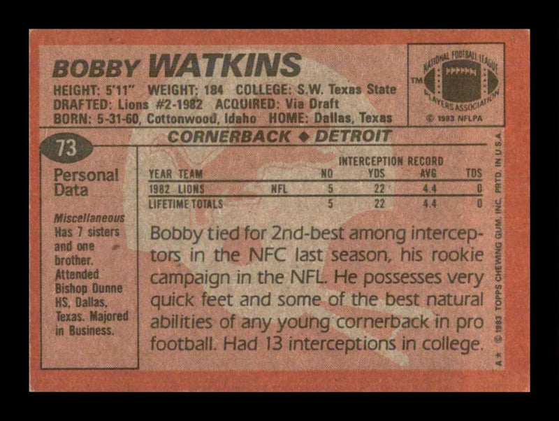 Load image into Gallery viewer, 1983 Topps Bobby Watkins #73 Detroit Lions Image 2
