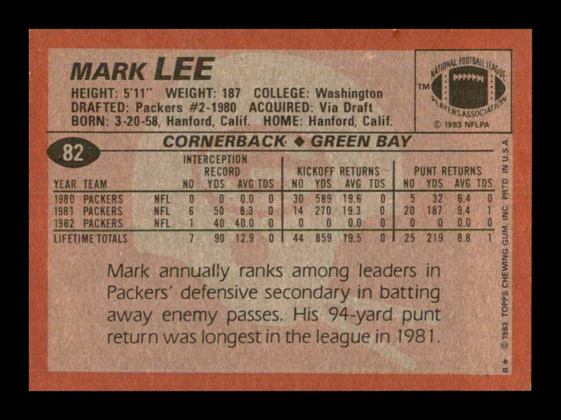 Load image into Gallery viewer, 1983 Topps Mark Lee #82 Green Bay Packers Image 2
