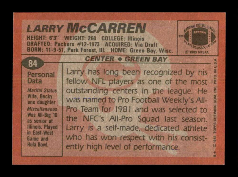 Load image into Gallery viewer, 1983 Topps Larry McCarren #84 Green Bay Packers Image 2
