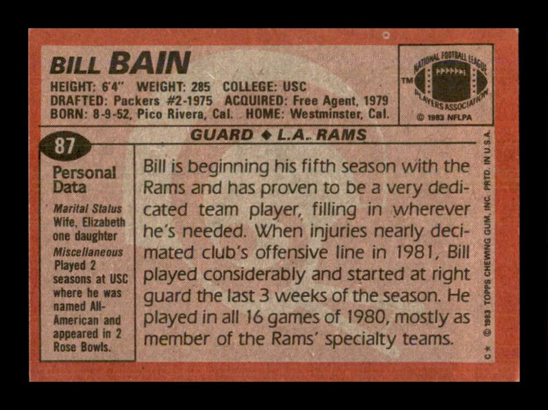 Load image into Gallery viewer, 1983 Topps Bill Bain #87 Los Angeles Rams Image 2
