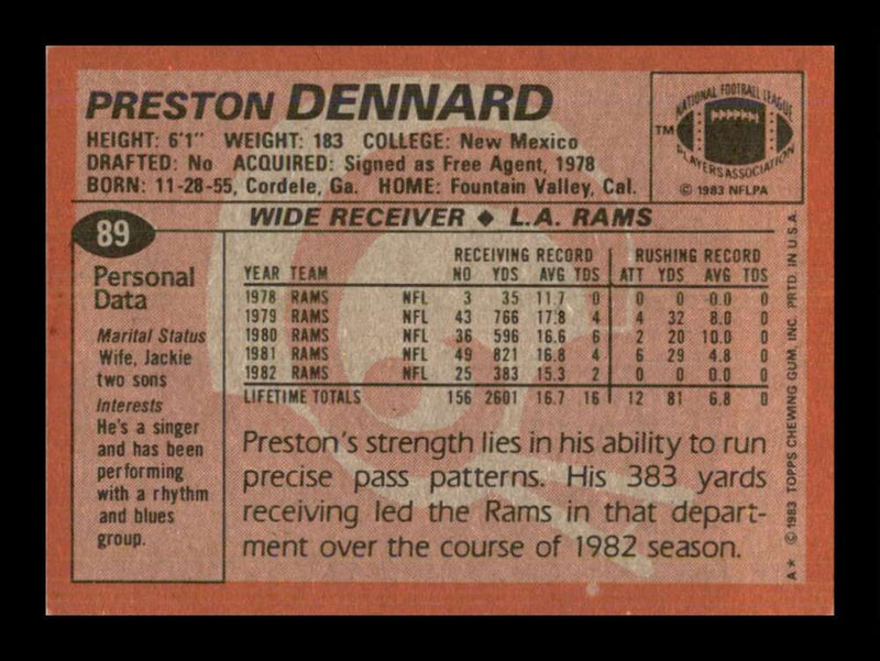 Load image into Gallery viewer, 1983 Topps Preston Dennard #89 Los Angeles Rams Image 2
