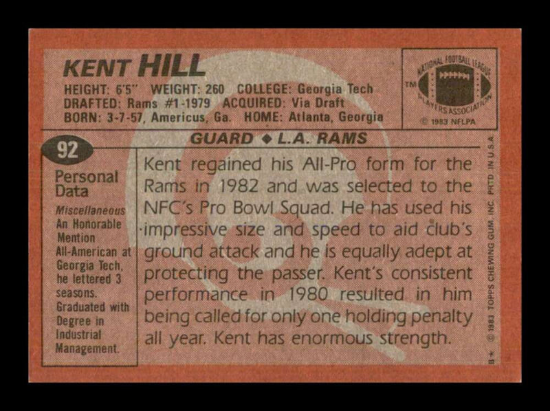 Load image into Gallery viewer, 1983 Topps Kent Hill #92 Los Angeles Rams Image 2
