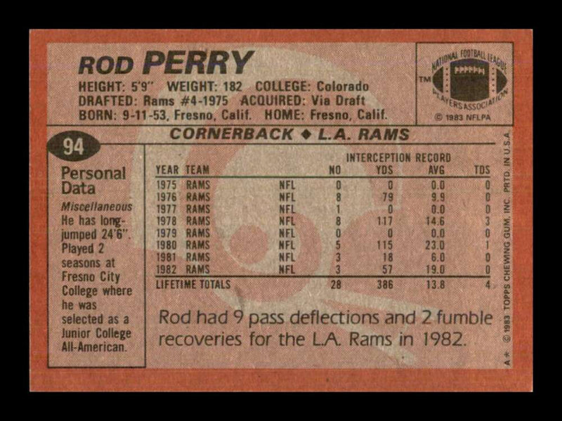 Load image into Gallery viewer, 1983 Topps Rod Perry #94 Los Angeles Rams Image 2
