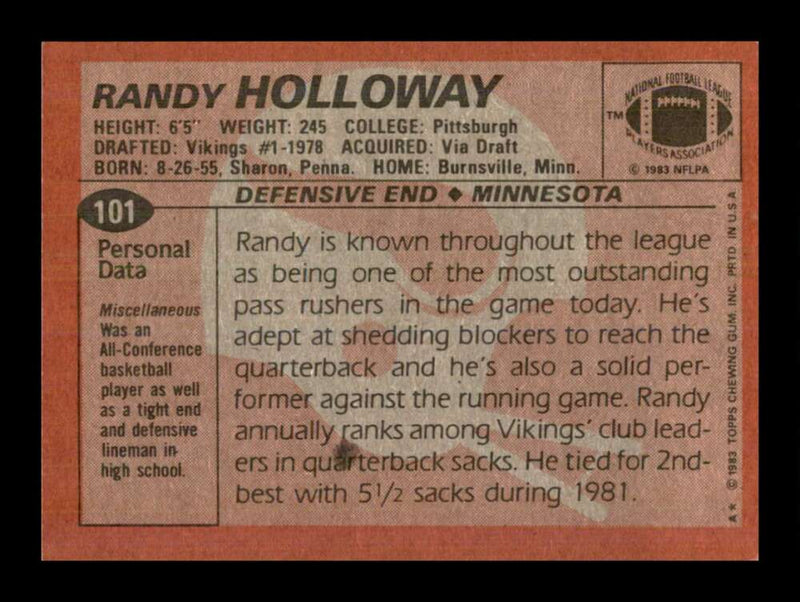 Load image into Gallery viewer, 1983 Topps Randy Holloway #101 Minnesota Vikings Image 2
