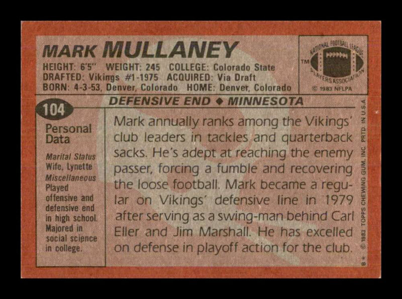 Load image into Gallery viewer, 1983 Topps Mark Mullaney #104 Minnesota Vikings Image 2
