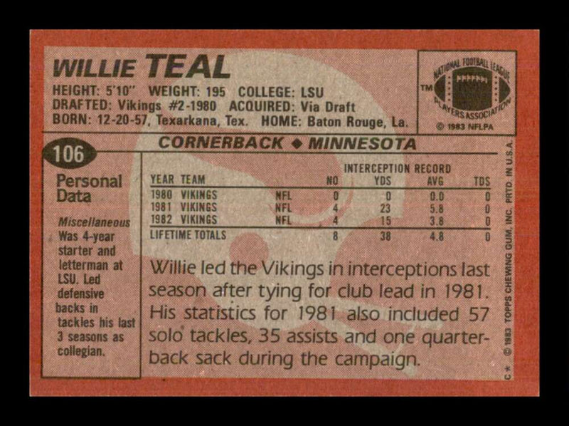 Load image into Gallery viewer, 1983 Topps Willie Teal #106 Minnesota Vikings Image 2
