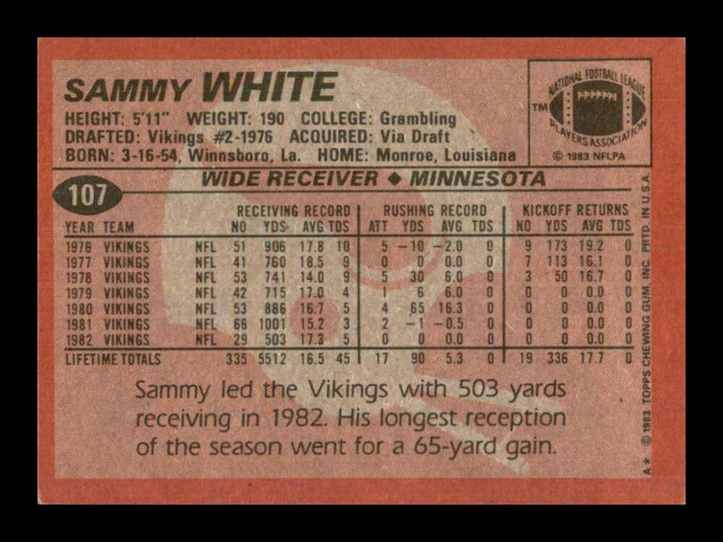 Load image into Gallery viewer, 1983 Topps Sammie White #107 Minnesota Vikings Image 2
