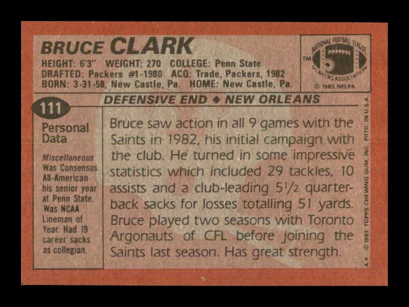 Load image into Gallery viewer, 1983 Topps Bruce Clark #111 New Orleans Saints Rookie RC Image 2
