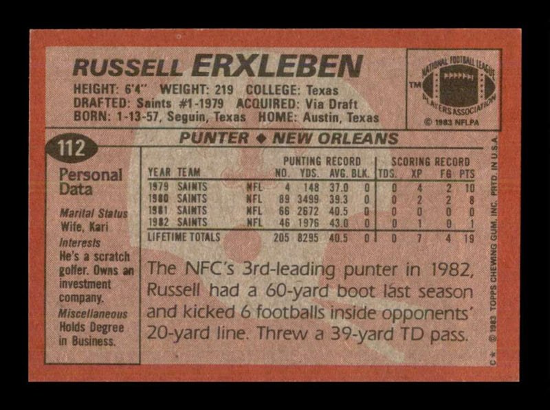 Load image into Gallery viewer, 1983 Topps Russell Erxleben #112 New Orleans Saints Image 2
