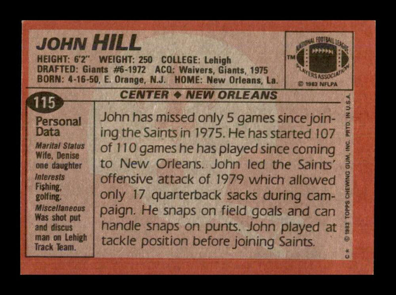 Load image into Gallery viewer, 1983 Topps John Hill #115 New Orleans Saints Image 2
