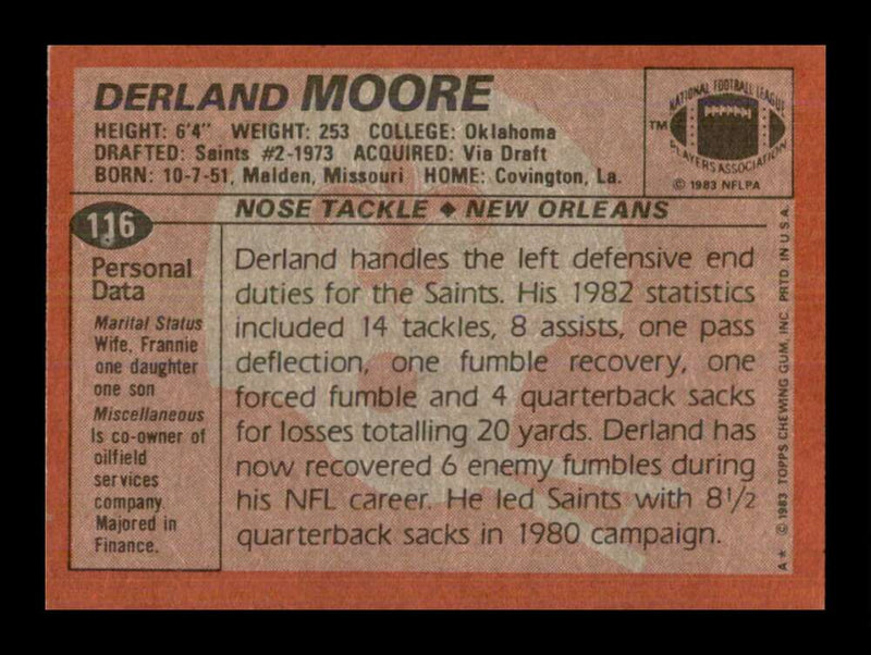 Load image into Gallery viewer, 1983 Topps Derland Moore #116 New Orleans Saints Image 2
